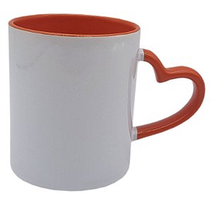 Caneca Alça Coração e Interior Laranja (Porcelana 325ml P/ Sublimação)