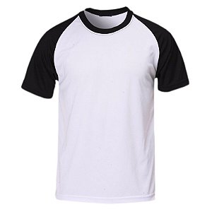 Camiseta Raglan Branca - Manga e Gola Preta P ao XG (100% Poliéster)