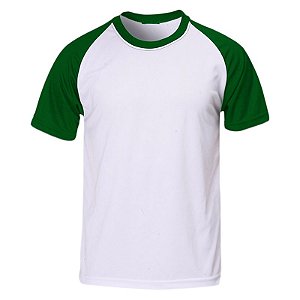 Camiseta Raglan Branca - Manga e Gola Verde P ao XG (100% Poliéster)