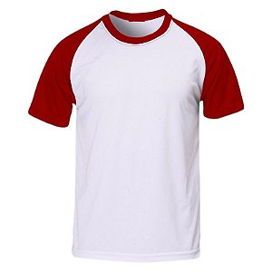 Camiseta Raglan Branca - Manga e Gola Vermelha P ao XG (100% Poliéster)