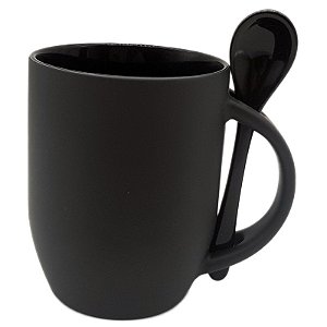 Caneca Mágica Preto Fosco C/ Colher Interior e Colher Preta (P/Sublimação)