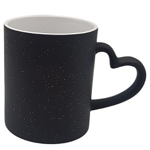 Caneca Mágica Preta Sky Glitter Alça Coração (Porcelana 325ml P/ Sublimação)