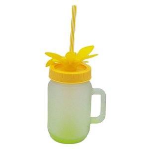 Caneca Mason Jar com Tampa e Canudo Amarelo (Vidro 350ml P/ Sublimação)