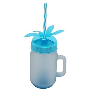 Caneca Mason Jar com Tampa e Canudo Azul Tifany (Vidro 350ml P/ Sublimação)