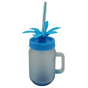 Caneca Mason Jar com Tampa e Canudo Azul Bebe  (Vidro 350ml P/ Sublimação)