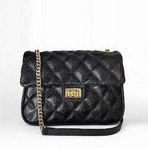 Bolsa Alça Corrente Dourada Couro  Legítimo Versalhes Preta