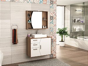 Conjunto de Banheiro Gabinete c/ Espelho Duna 80cm Nogueira/Branco - Bosi