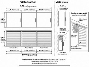 kit 03 Portas Deslizante largura 1000 mm x 750 mm x Preta com Bobinador Caracol