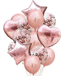 Balão Bexiga Metalizado 10 Peças Estrela Coração Rosé