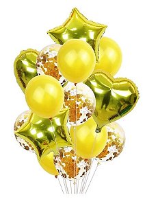 Balão Bexiga Metalizado 10 Peças Estrela Coração Dourado