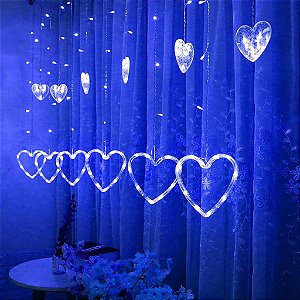 Cascata Coração 138 Led 8 Funções Decoração Natal Azul 110V