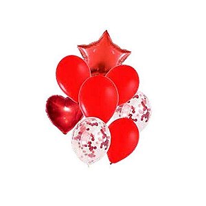 Balão Bexiga Metalizado Kit 8 Balões Estrela Coração Vermelho