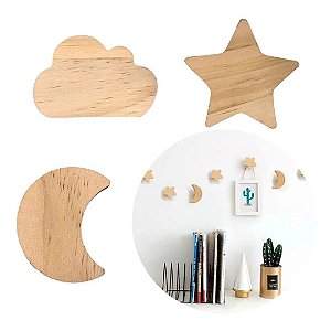 Kit 3 Ganchos Madeira Estrela Nuvem Lua Infantil Cabideiro