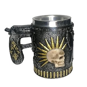 Caneca Térmica 3d Caveira C/ Revolver Moicano Em Resina