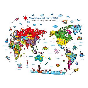 Adesivo Mapa Mundi De Parede Colorido Infantil C/ Bichinhos