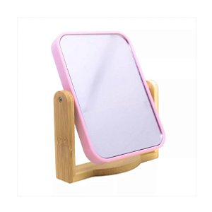 Espelho De Mesa Retangular Suporte Bambu Duplo Giro 360º Rosa