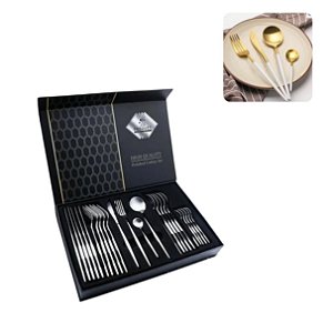 Conjunto de Talheres de Luxo 24 Peças Alto Padrão Faqueiro C/ Caixa Branco