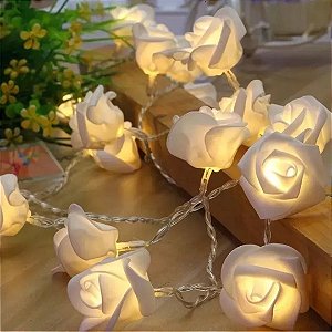 Cordão Luminoso Flor 10 Rosas Led Pilha Branco Quente