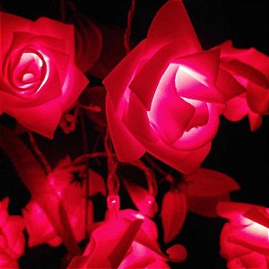 Cordão Luminoso Flor 10 Rosas Vermelhas Led Pilha Branco Quente