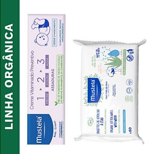 Mustela Kit Higiene do Bebê Creme Vitaminado mais Toalhas Umedecidas Veganas Orgânicas Algodão BIO à Base de Água