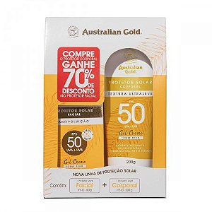 Australian Gold kit Gel Creme Protetor Solar Corporal FPS50 200g + Protetor Solar Facial Gel Creme FPS50 Antipoluição 50g