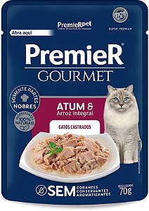 Ração Úmida Premier Gourmet Gatos Castrados Atum e Arroz Integral 70g