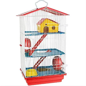 Gaiola de 3 Andares para Hamster com Teto Plástico Jel Plast Vermelho