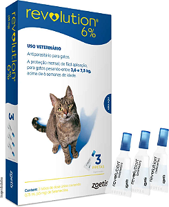 Antipulgas e carrapatos Revolution 6% para Gatos de 2,6 a 7,5Kg 45mg - 3 pipetas