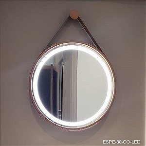 Espelho Marigold Light Ø80cm Base Cobre Cinta De Couro Marrom Com Led Dna Lustres ESPE-80-CO-LED