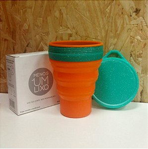 Copo Retrátil Silicone Laranja Tampa Verde Brilho