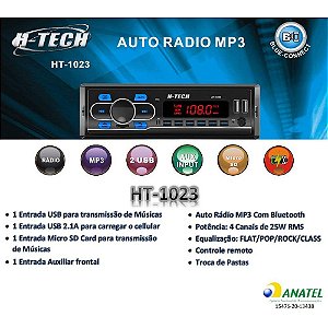 Som automotivo H-Tech com 2 USB bluetooth leitor cartão SD