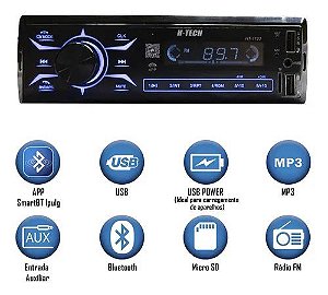 Rádio Carro Som Automotivo 2 USB Bluetooth Full Touch H-Tech