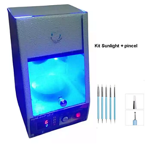 Kit Sunlight UVA digital + Estojo com cinco(05) pinceis p/ aplicação de cerômero com pontas de silicones e esféricas metálicas