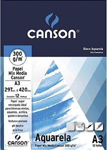 Bloco A3 Mix Media 300g C/12f Aquarela - Canson