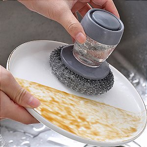 Escova de Aco Limpeza Com Recipiente Para Detergente Multiuso Lava Loucas