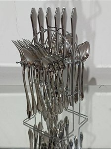 Jogo De 24 Pç Completo Talheres Prata com Dourado + Faqueiro Luxo Aço Inox Completo