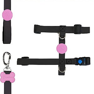 Kit H Para Cachorro Meuauau Black Rosa - Peitoral + Guia G
