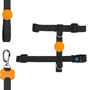 Kit H Para Cachorro Meuauau Black Laranja - Peitoral + Guia M
