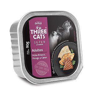 Ração Úmida Three Cats Patê Adultos Peixe Branco, Frango e Carne 90 g