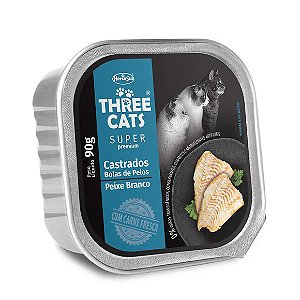 Ração Úmida Three Cats Patê Castrados Bola de Pelo Peixe Branco 90 g