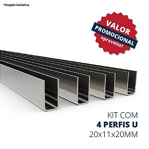 Perfil U 20 x 11 x 20mm, com 3 metros - aço inox (kit com 4 barras)