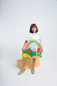 Vestido Infantil Flores e Arco-Íris