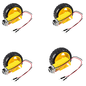4 MOTOR DC 3-6V COM CAIXA DE REDUCAO E EIXO DUPLO + RODA 68MM + JUMPERS SOLDADOS