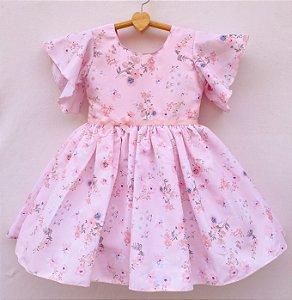 Vestido infantil manga flare - Floriu rosa - Coleção encanto