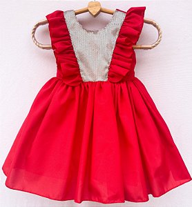 Vestido infantil vermelho com paetê - Modelo babados