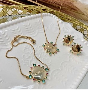 Conjunto Colar, Brinco e Pulseira Gratidão Zircônia Premium ✨🙏