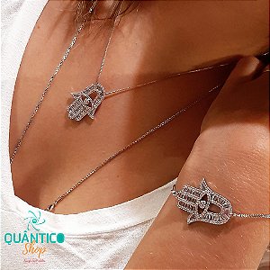 Conjunto Colar e Pulseira Hamsá - Mão de Fátima Cravejado em Zirconia - PRATA