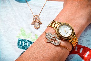 Conjunto Colar e Pulseira Hamsá - Mão de Fátima Cravejado em Zirconia - DOURADO