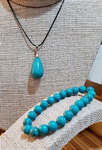 Conjunto Colar Gota e Pulseira Pedra Natural Turquesa