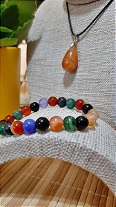 Conjunto Colar Gota e Pulseira Pedra Ágata Natural Proteção, Atração Sexual e felicidade